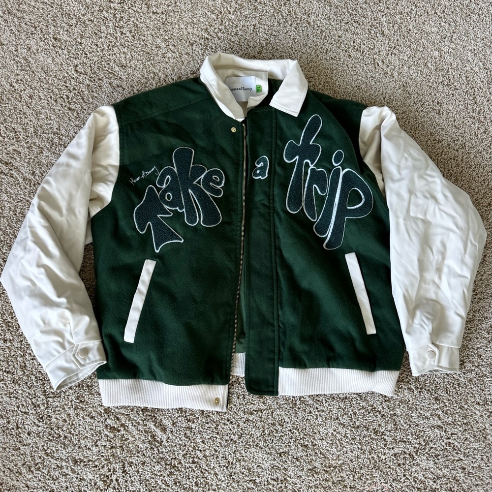 Green and White take a trip varsity bomber Jacket